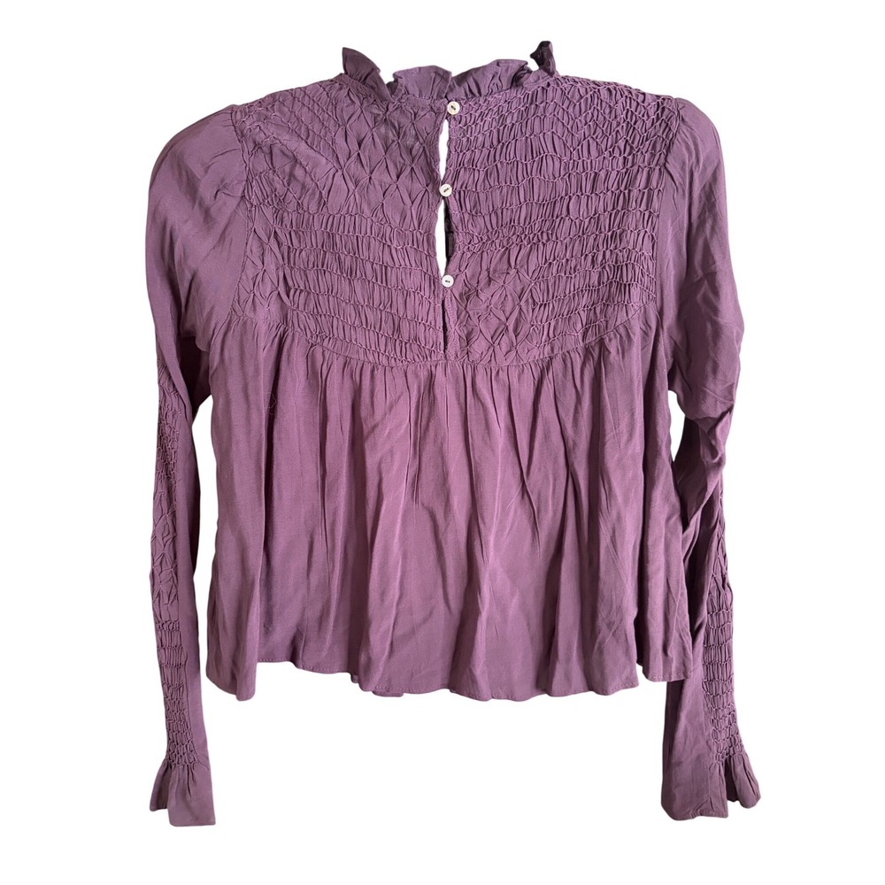 Free People Smocked In Time Boho Purple Pullover Top Long Sleeve XS - Picture 9 of 12